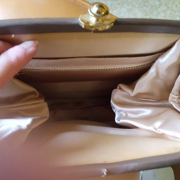 Brown & Black Leather Handbag, Gold Hardware, Satiny Interior, Zippered Pocket - Picture 3 of 6